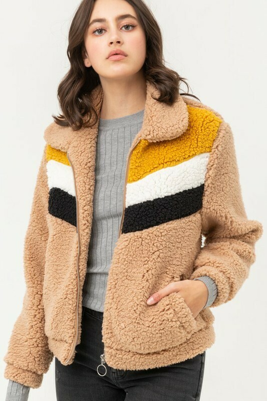 Faux Fur Satin Lining Color Block Camel
