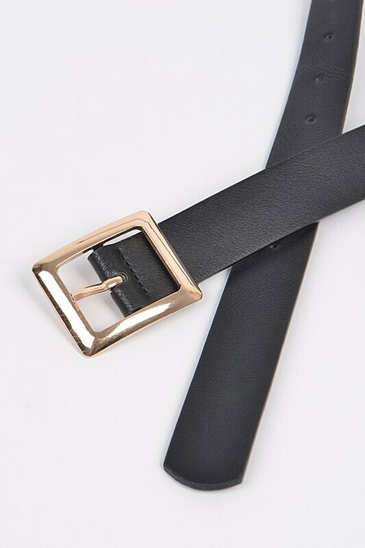 Faux Leather Belt Square Buckle Black