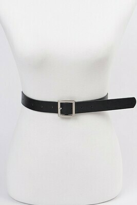 Faux Leather Square Buckle Black Silver