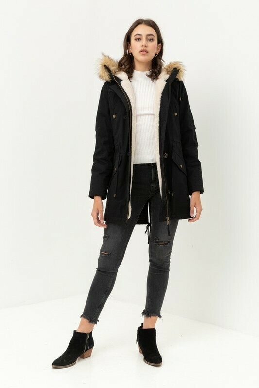 Fur Sherpa Zip Up Parka Black