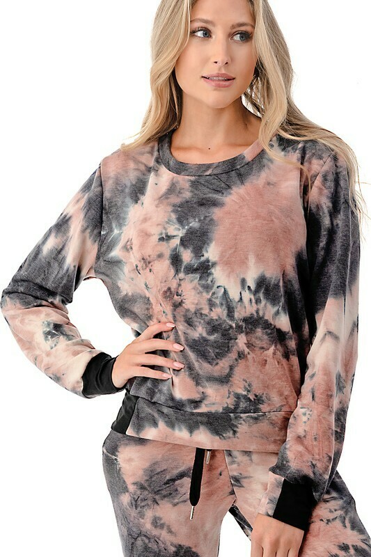 French Terry Brush Tie Dye Mauve/Black Top