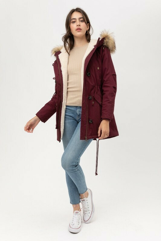 Fur Sherpa Zip Up Parka Wine