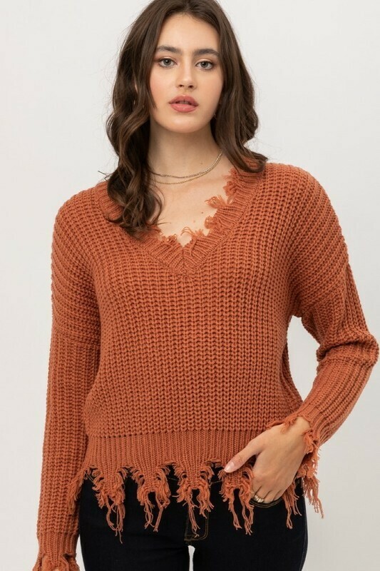 Ripped Fringed Hem Detail Terra Cotta