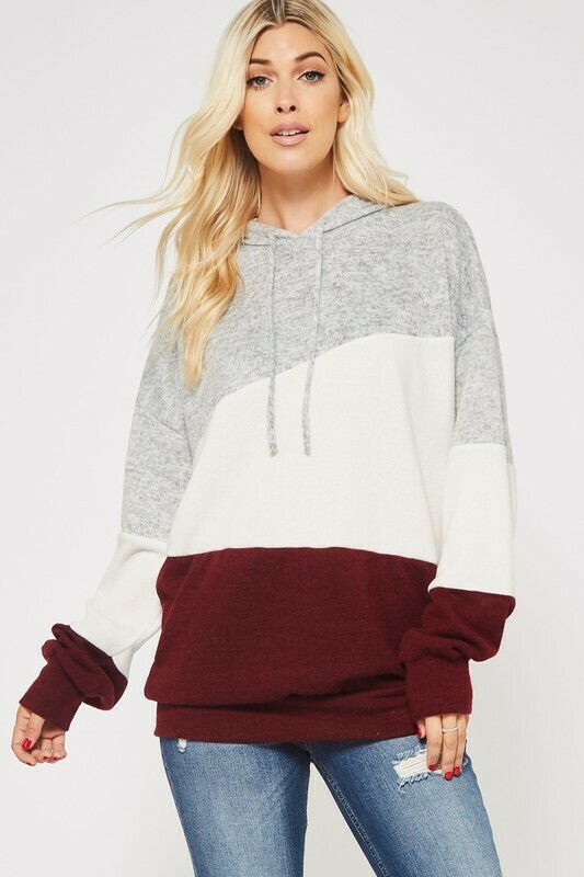 Solid Color Block Hoodie Top H.Grey/Ivory/Burgundy