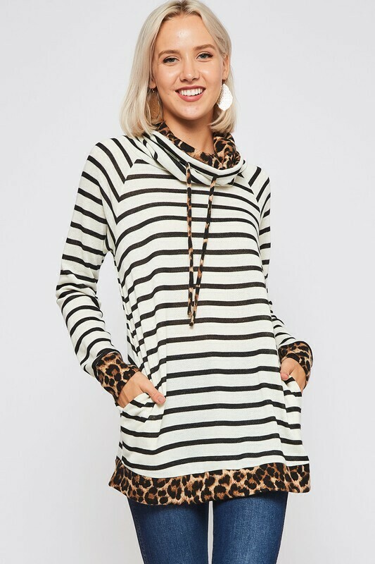 Stripe Tunic Top Cowl Neck Ivory/Black