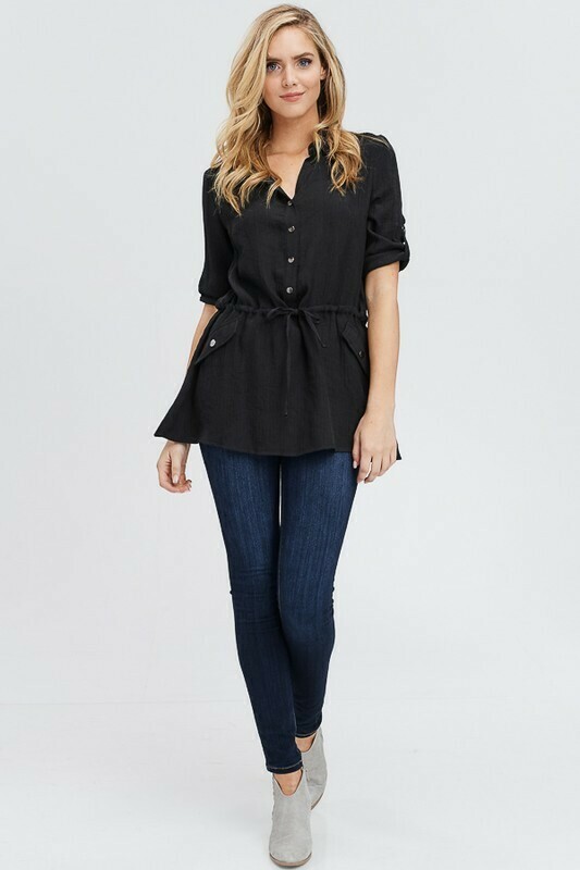 Button Down Shirt Tunic Top Black