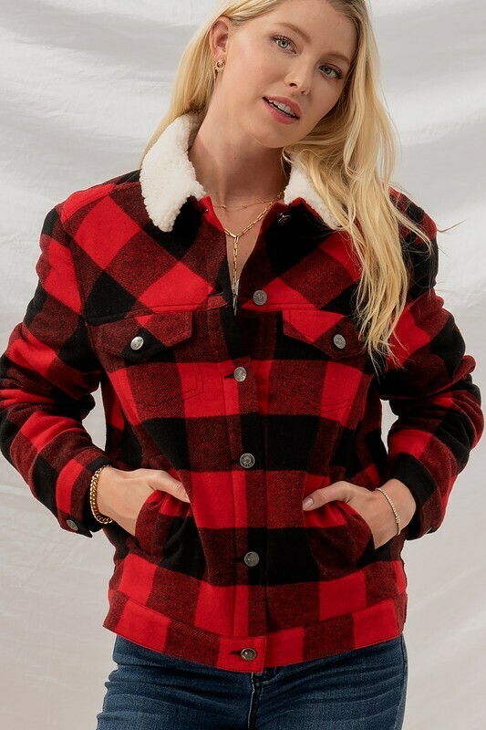 Checkered Fleece Lining Button Red