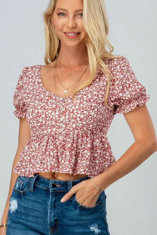 Floral Pattern Ruffle Top Rose