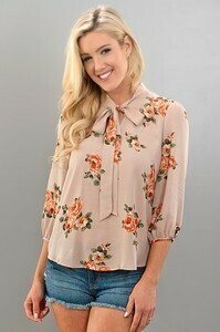 Floral Bow Tie Woven Top Taupe