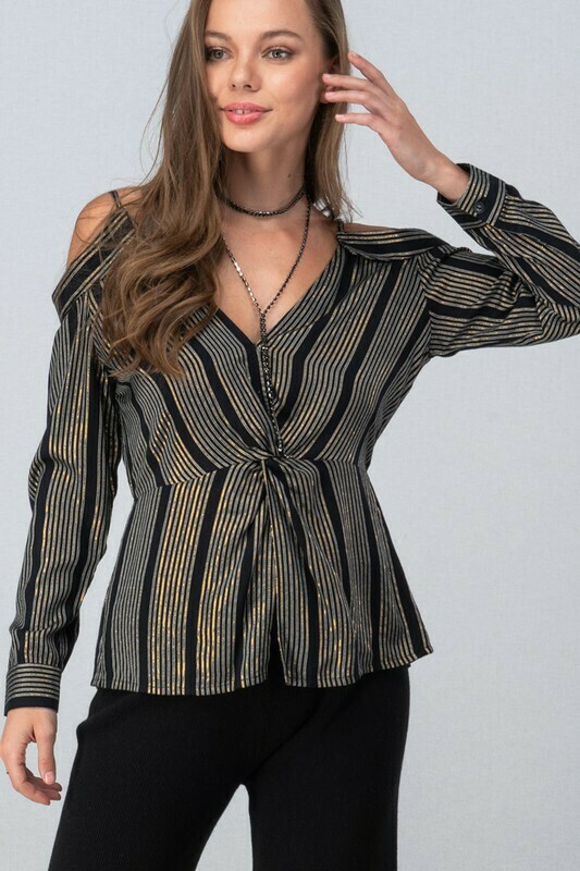 Metallic Stripe v Neck Black