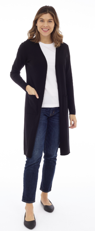Long Body Open Cardigan W/Pockets Black