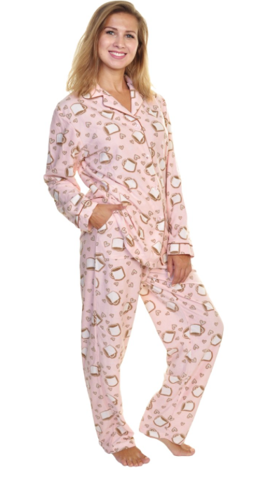 Coffee Cozy Fleece Collar Pajama Set with Pockets