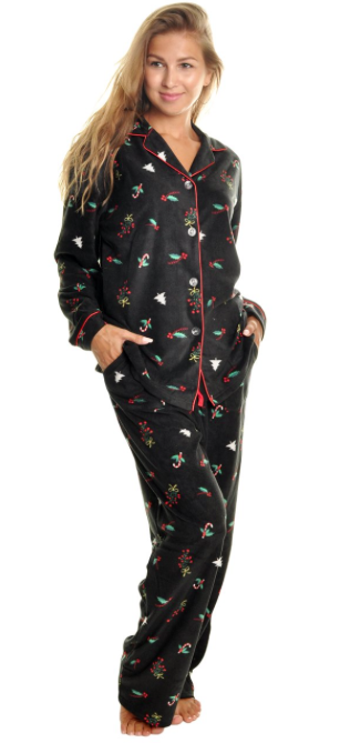 Xmas Cozy Fleece Collar Pajama Set with Pockets