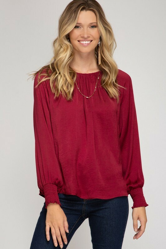 Smocked LS Satin Top Wine