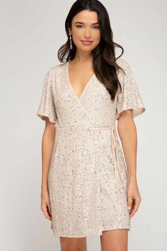 Sequin Wrap Dress Cream