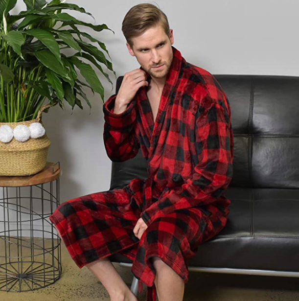 Men Shawl Collar Robe-Red/Blk