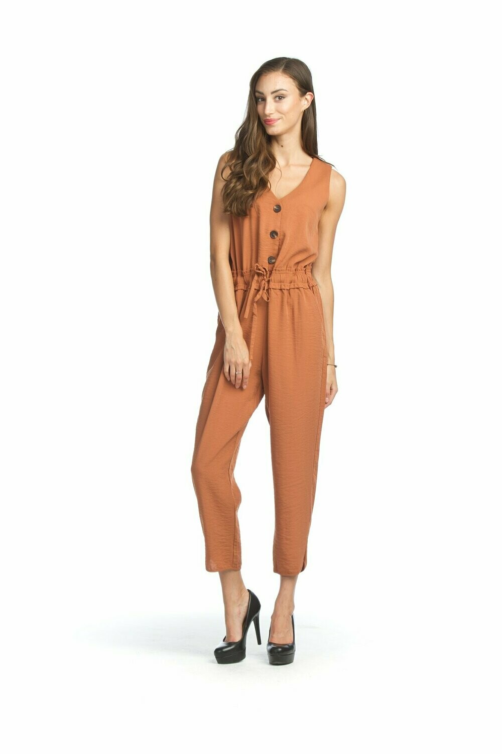 Elastic Waist Jumpsuit Rust