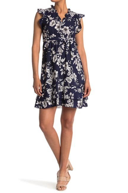 Floral Ruffle Dress Navy