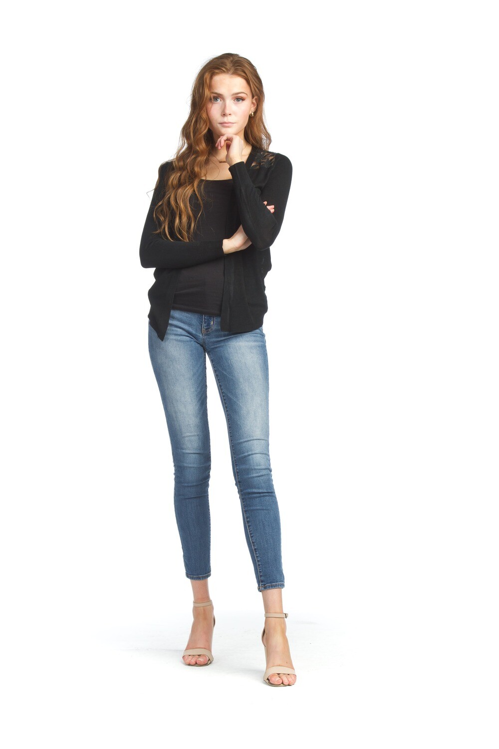Lace Back Long Sleeve Cardigan-Black