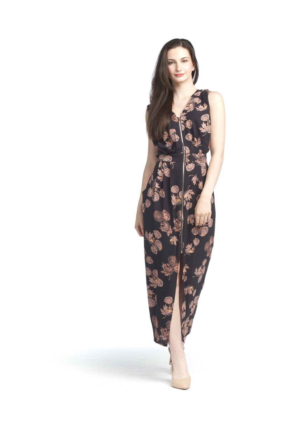 Leaf Print Maxi Dress W/Zipper