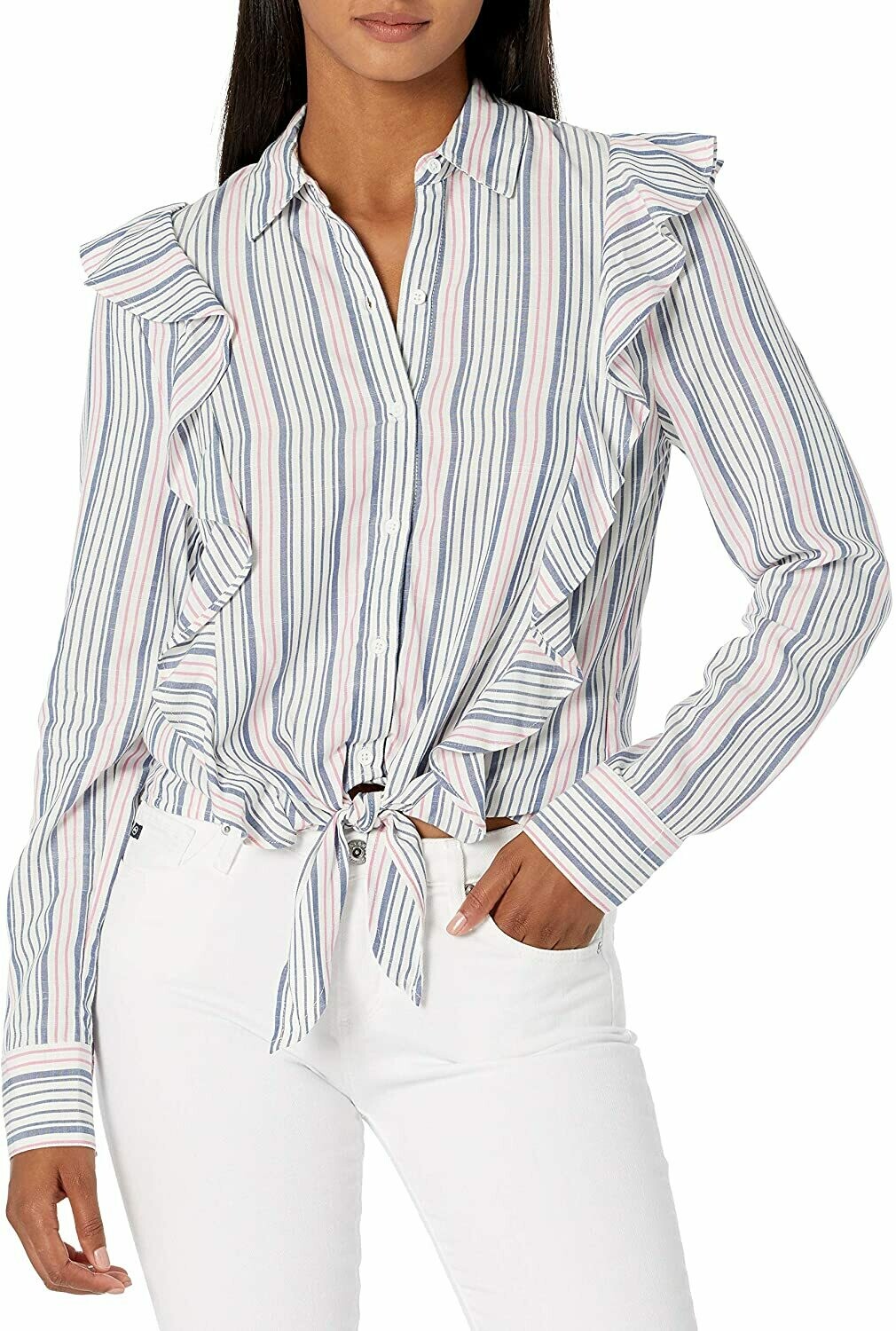 Ivory Striped Ruffle Blouse