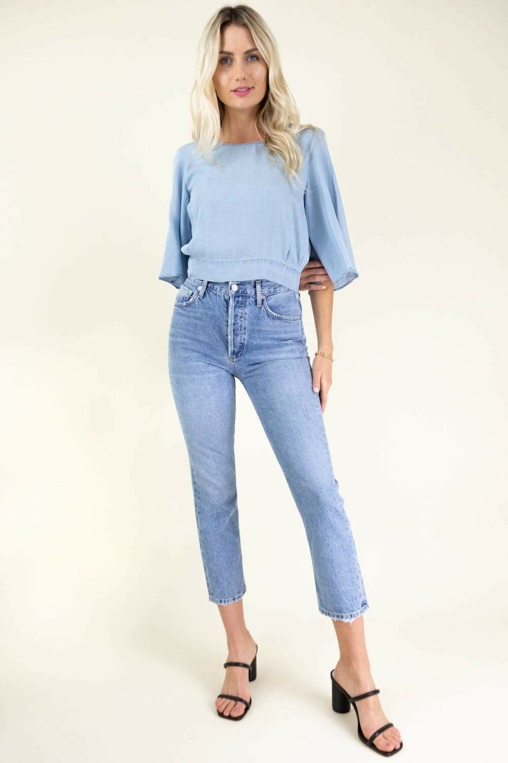 Chambray Tie Blouse-Light Denim