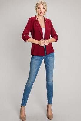 Button Rolled Cuff Open Blazer-Burgundy