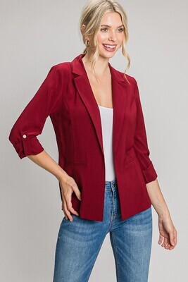 Button Rolled Cuff Open Blazer-Burgundy