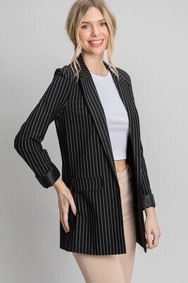 Twill Long Blazer Jacket-Black/White
