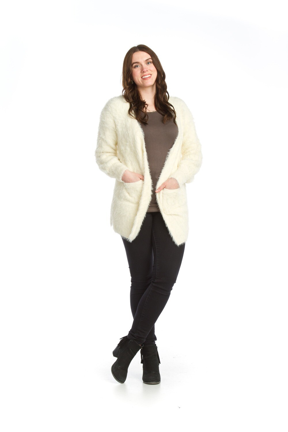 Fuzzy Long Cardigan With Pockets-Cream