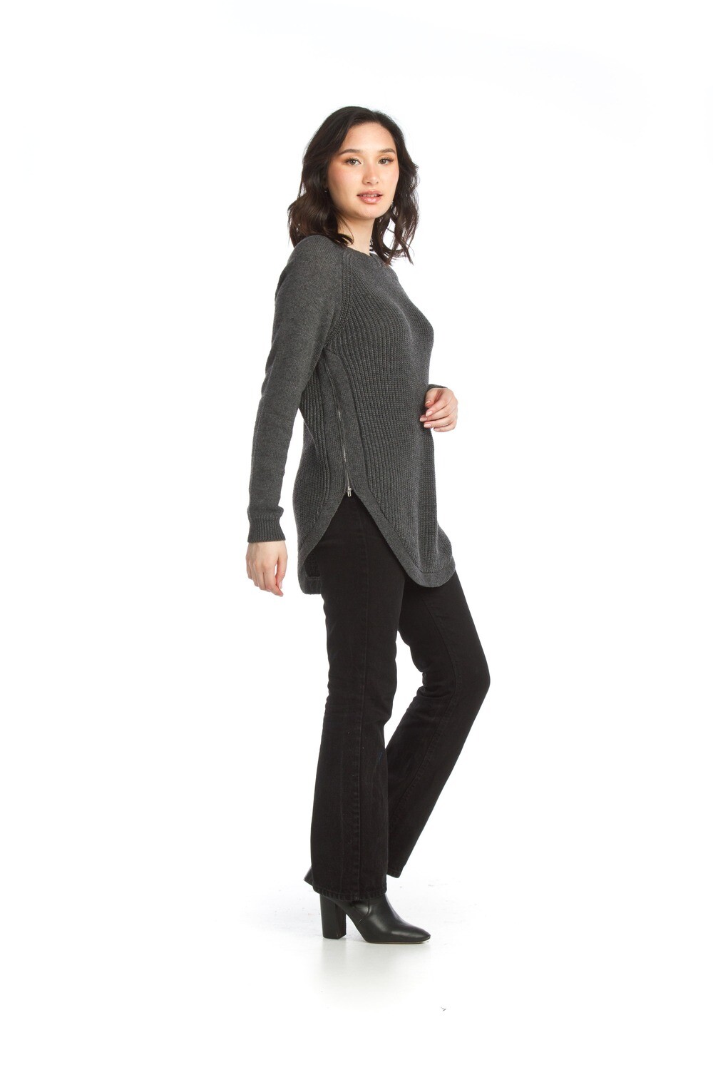 L/S Knit Sweater With Zip-Charcoal