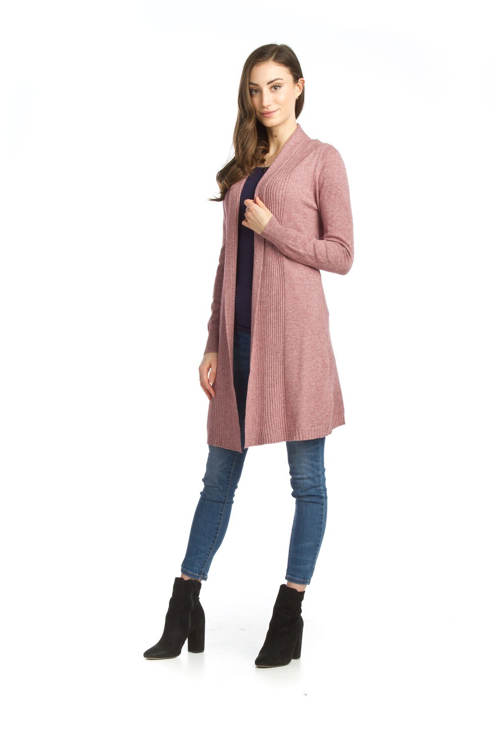 Ribbed Long Cardigan-Rose