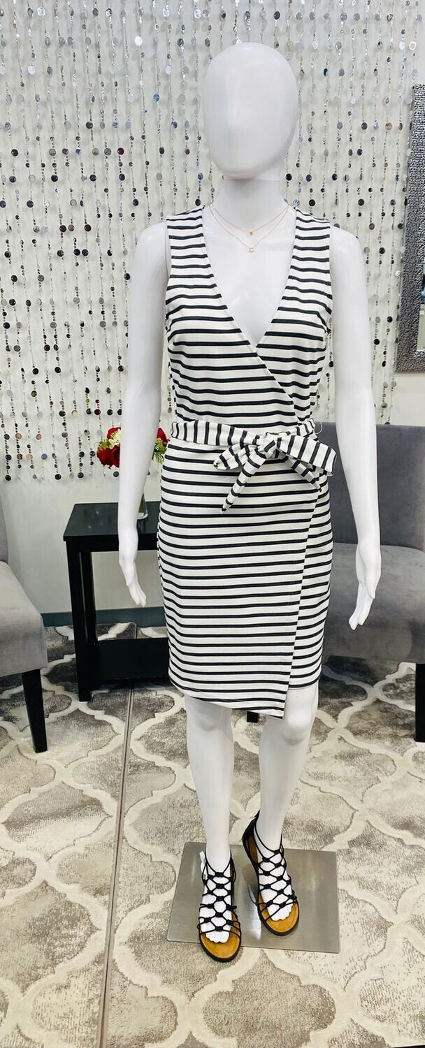 Ponte Stripe Wrap Dress White