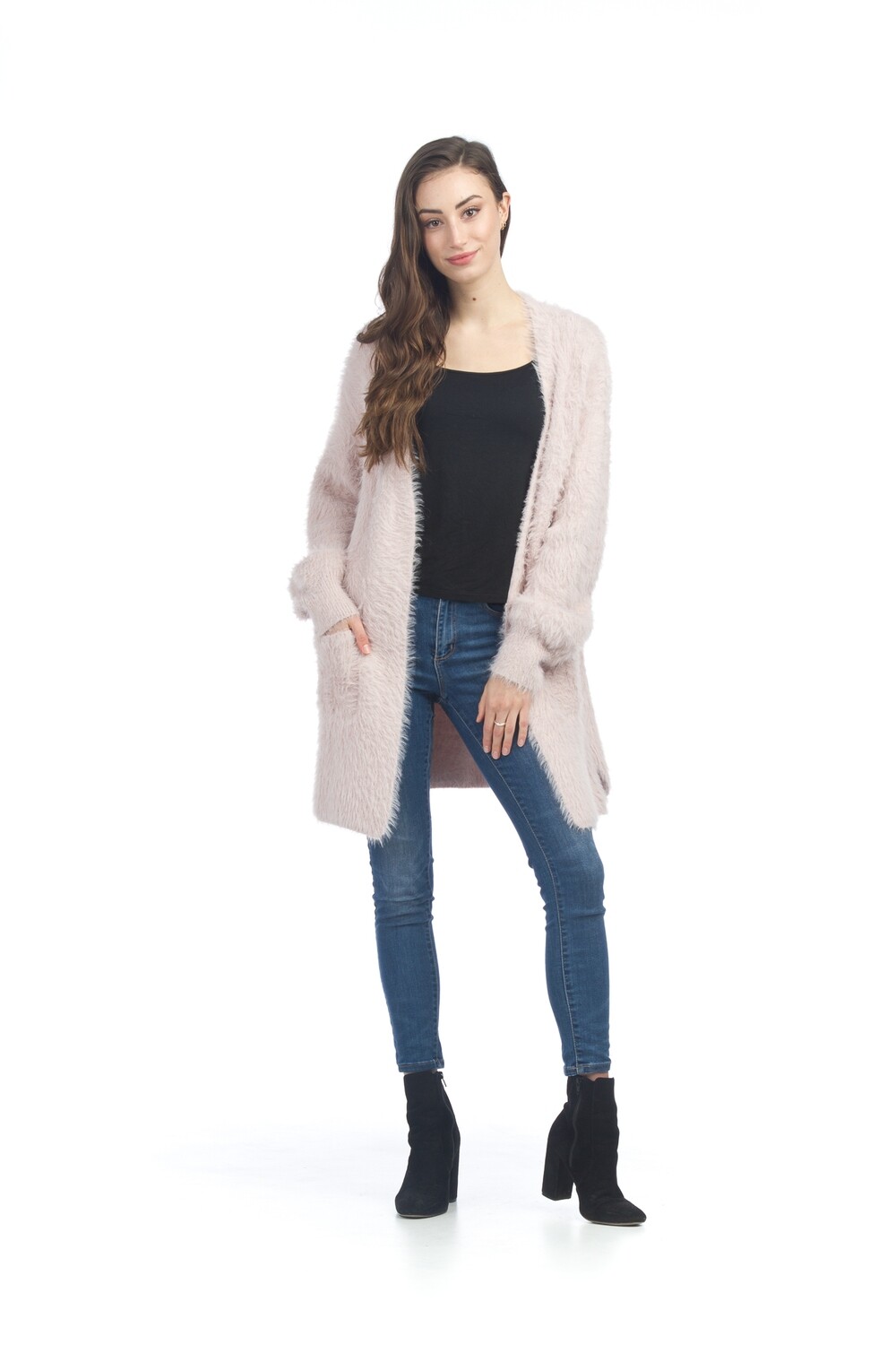 Fuzzy Long Cardigan With Pockets-Blush Pink
