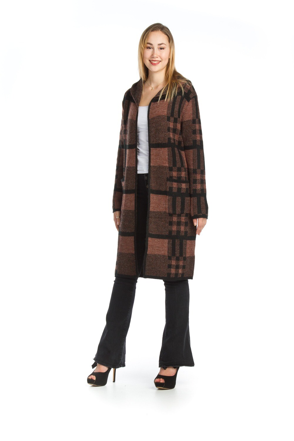 Plaid Knit Hooded Jacket-Rust