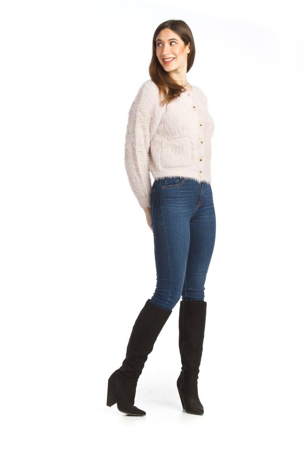 Short Eyelash Knit Button Front Cardigan-Blush