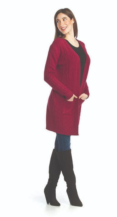 Cable Knit Cardigan-Burgundy