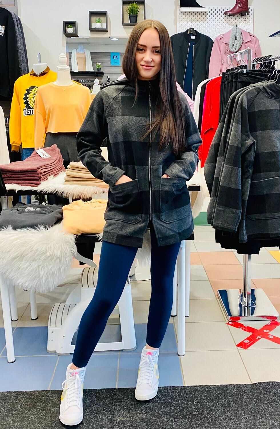 LJ-200BC Buffalo Check Hooded Jacket-Grey/Black