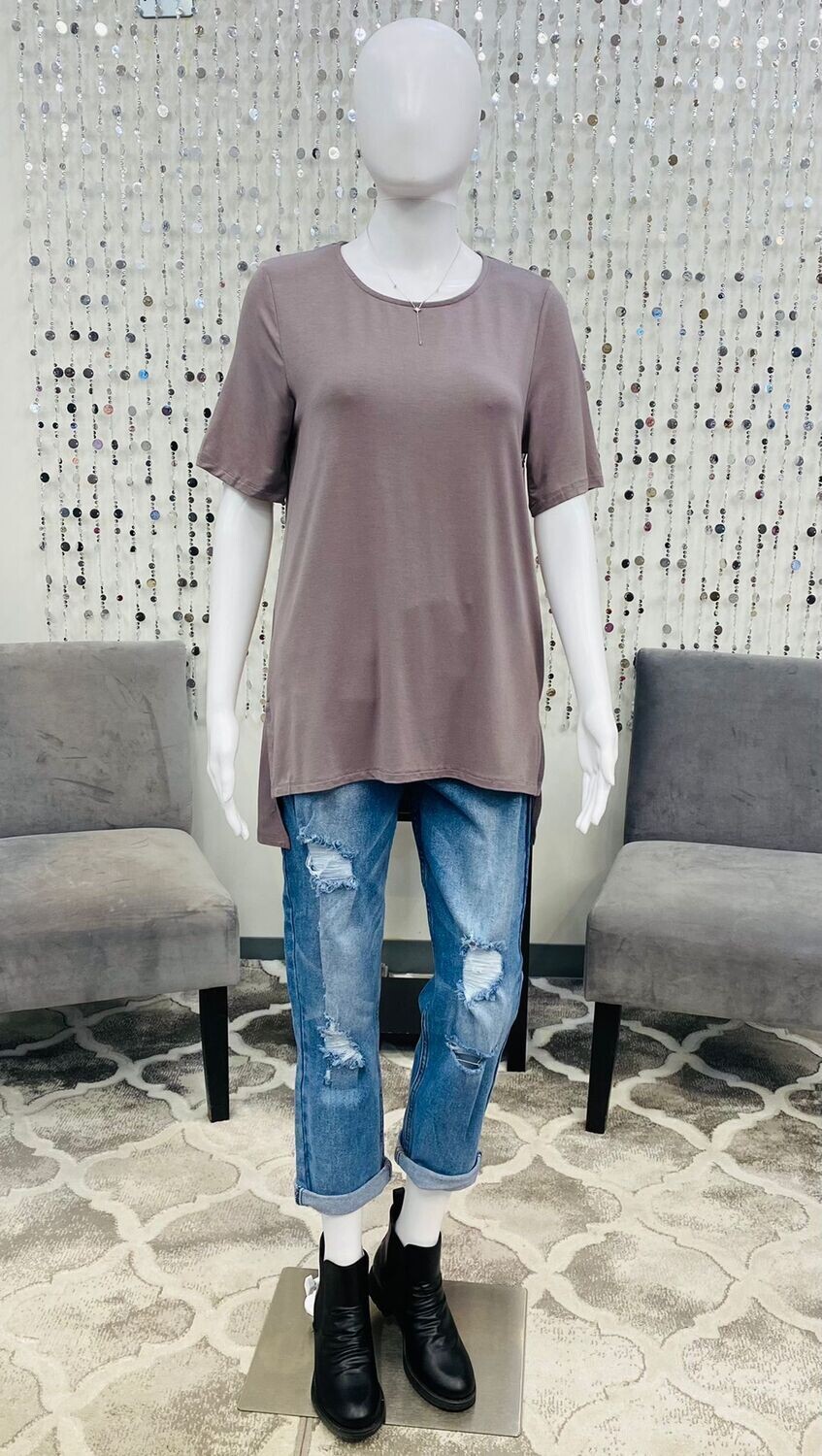 ML-LTS Short Sleeve Top With Side Slits-Taupe