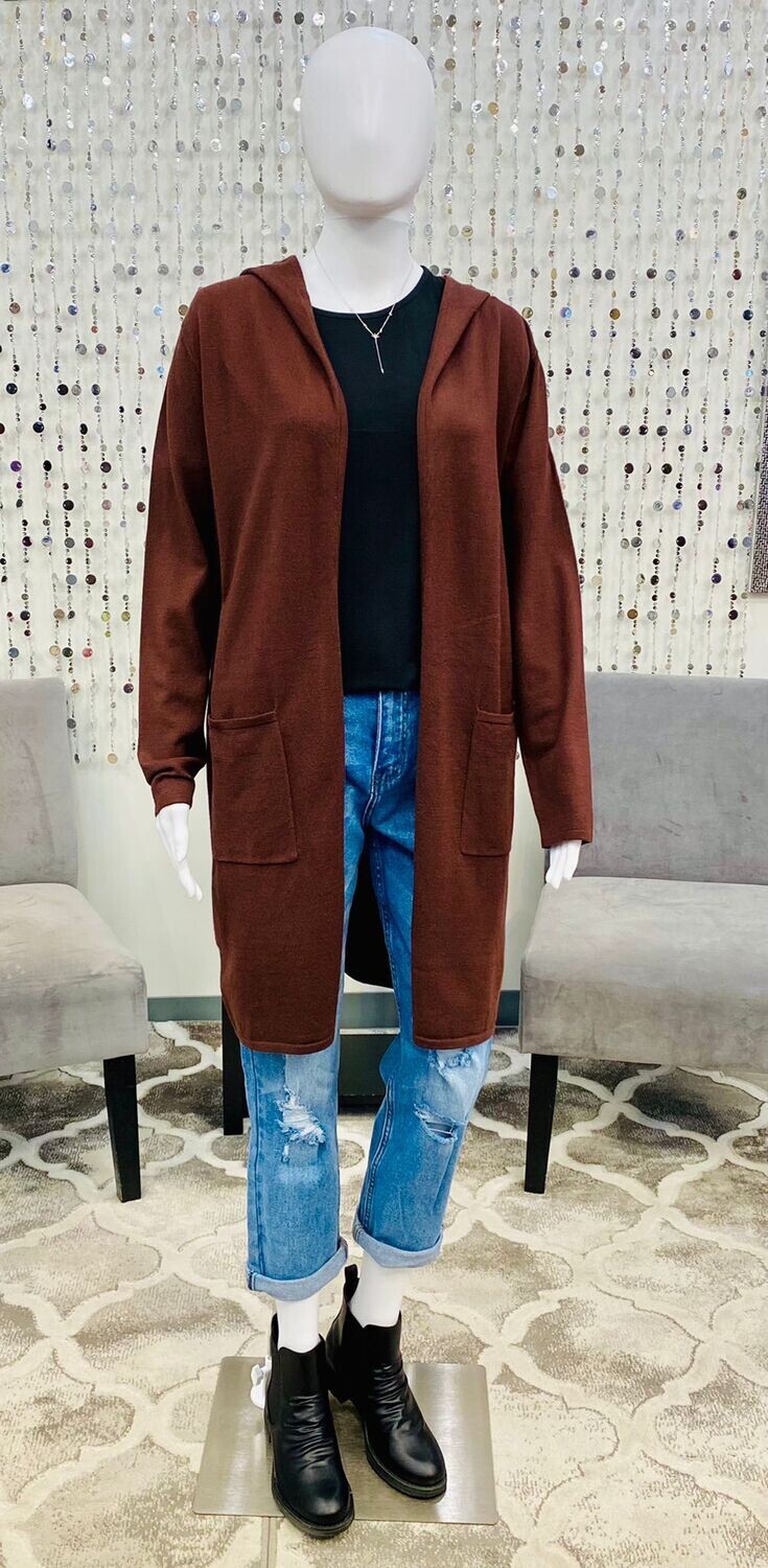 DK-L06 Hooded Open Cardigan-Cherry Cola