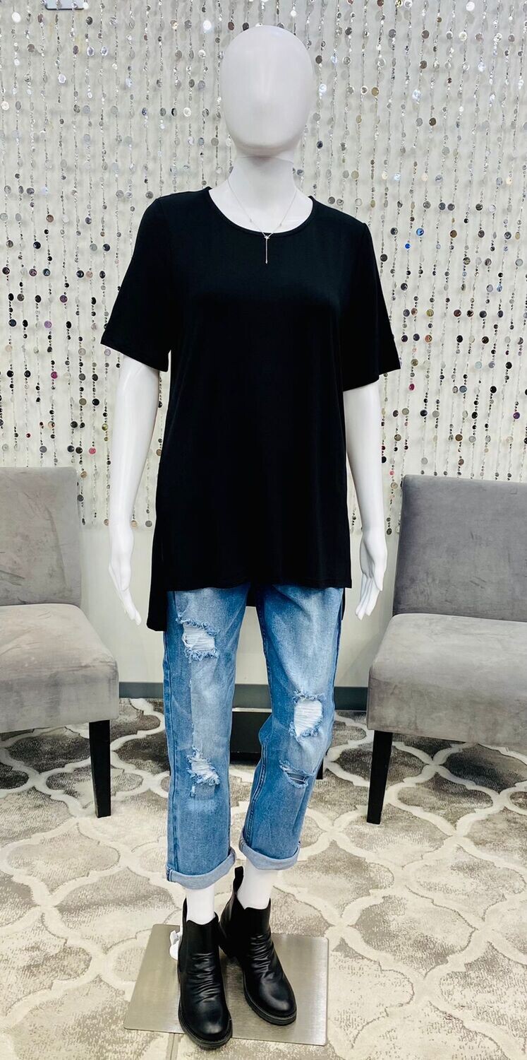 ML-LTS Short Sleeve Top With Side Slits-Black