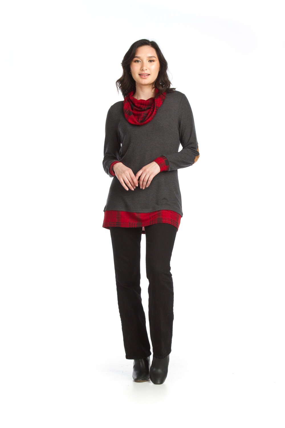 ST-11265 Plaid Cowl Neck Tunic-Grey/Red