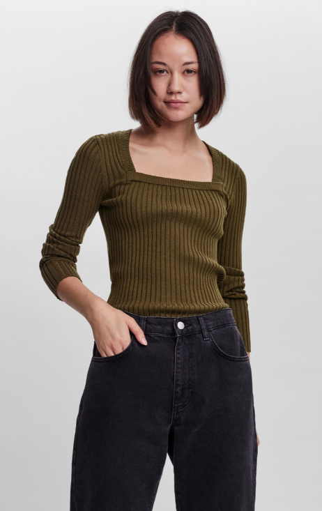 Renata Square Neck Knit Top-Dark Olive
