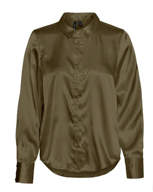 Ane L/S Satin Shirt-Dark Olive