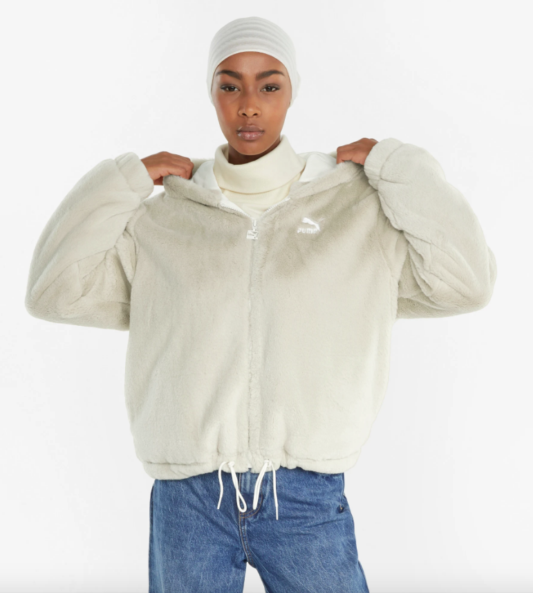 Faux Fur Full-Zip Hoodie-Beige