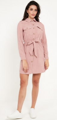 H032631 Cord Shirt Belted Dress-Pink