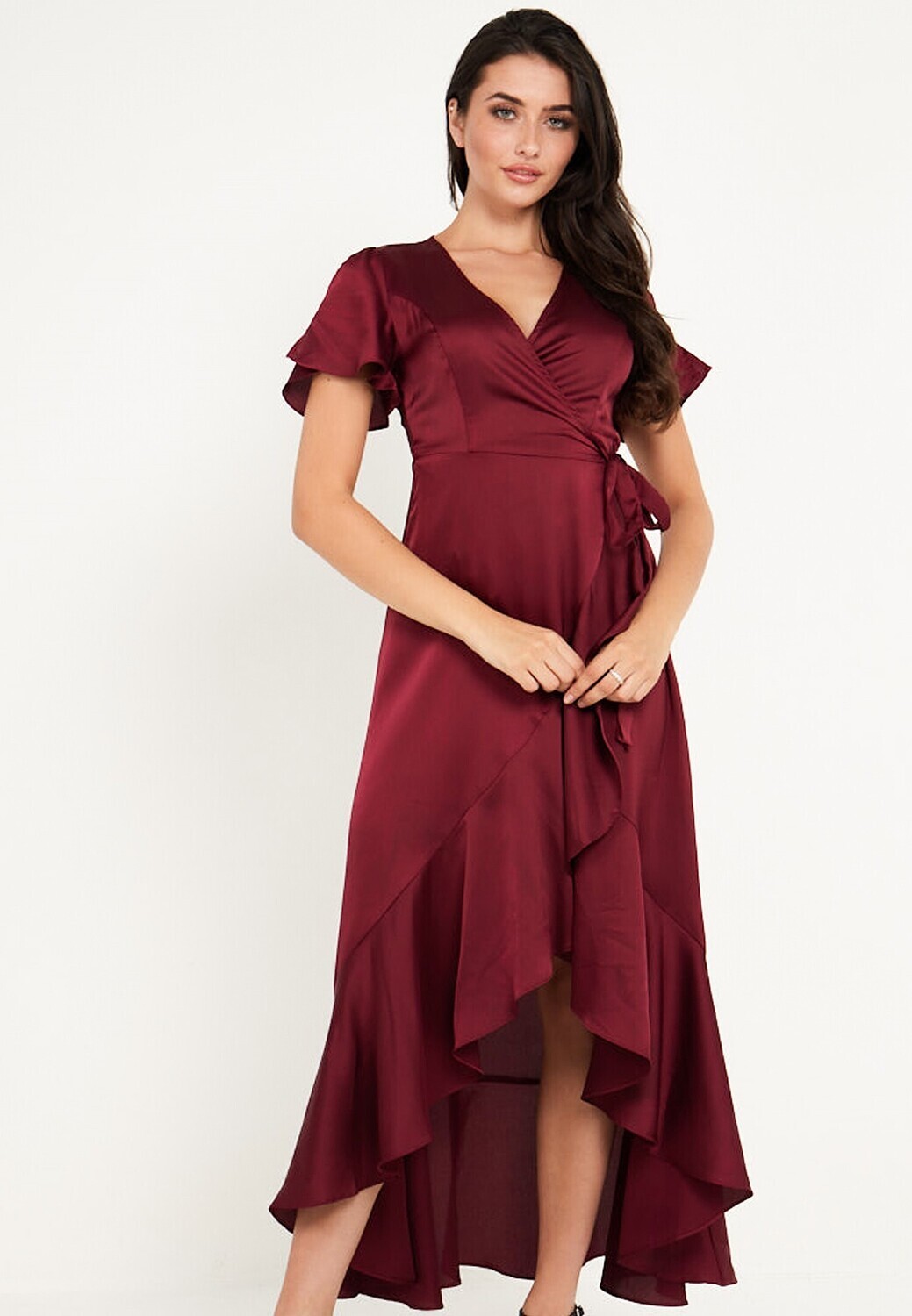 M027136 Satin Wrap Maxi Dress-Burgundy