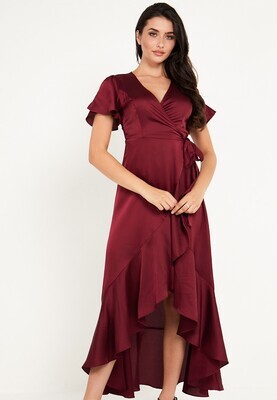 M027136 Satin Wrap Maxi Dress-Burgundy