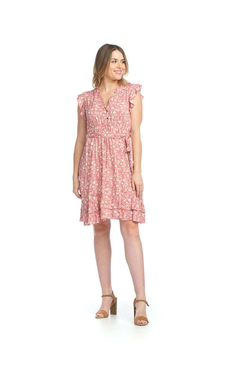 Floral Henley Ruffle Dress- Pink Multi