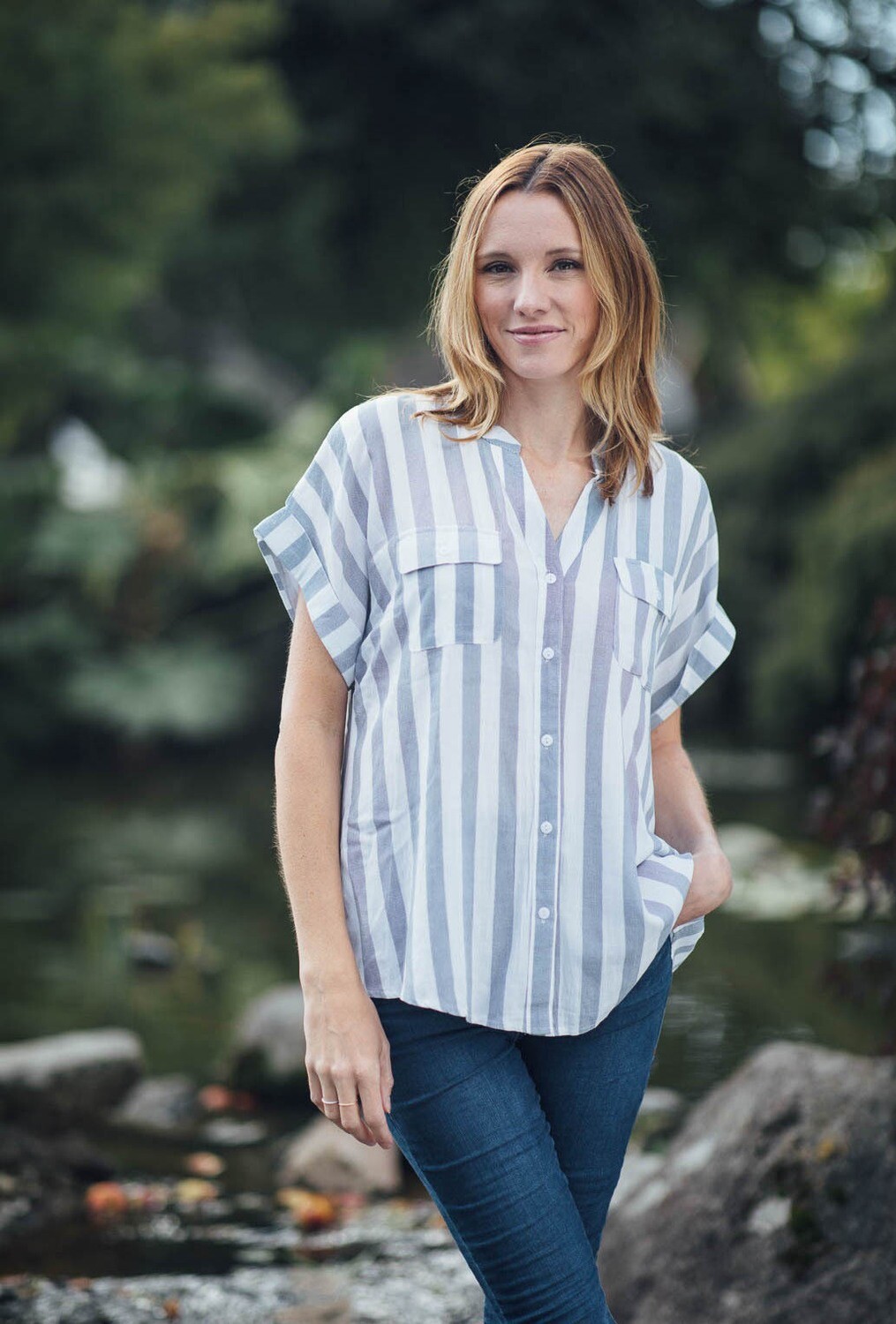 Striped Dolman Sleeve Button Blouse-Wht/Blue